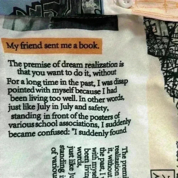 Newspaper All over Print Slogan Collared Button Front Drop Shoulder Blouse, L - Picture 6 of 13